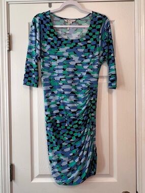 BCBGeneration Blue Green Abstract Ruched Bodycon Midi Dress Small Stretchy